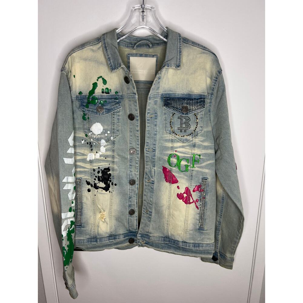 Original Fables Crypto Artwork Denim Jacket Bling Distressed NEW ~ Size L